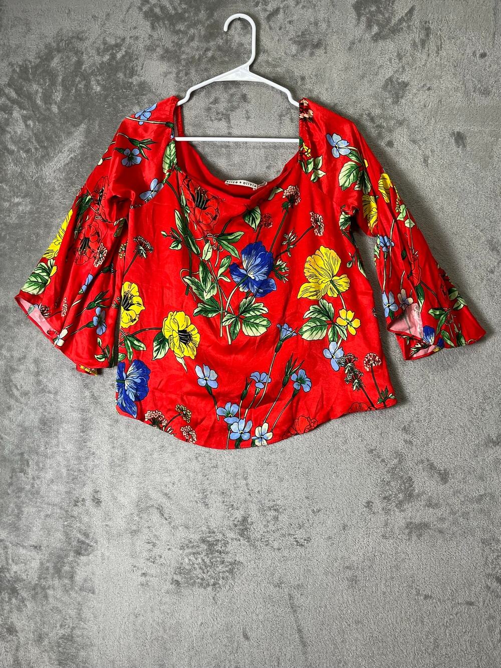 Alice + Olivia Red Floral Off The Shoulder Bell Sleeve Peasant Blouse Boho Top M